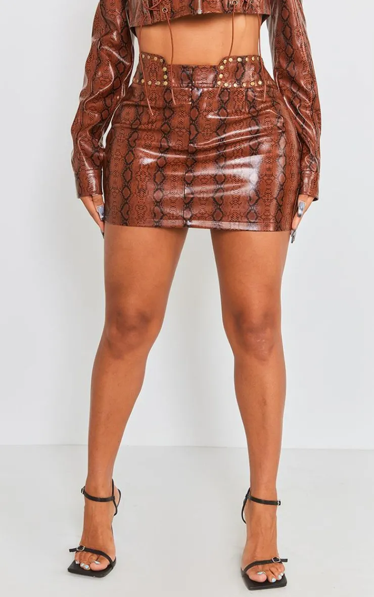 New PrettyLittleThing Shape Faux Leather Snake Print Mini Skirt Brown