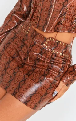 New PrettyLittleThing Shape Faux Leather Snake Print Mini Skirt Brown