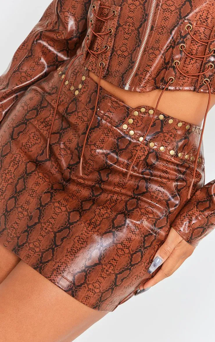 New PrettyLittleThing Shape Faux Leather Snake Print Mini Skirt Brown
