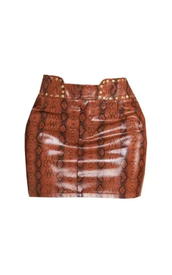 New PrettyLittleThing Shape Faux Leather Snake Print Mini Skirt Brown
