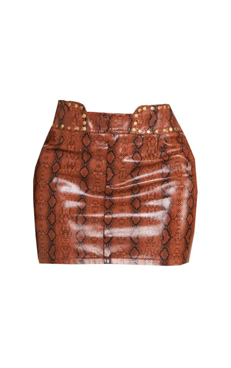 New PrettyLittleThing Shape Faux Leather Snake Print Mini Skirt Brown