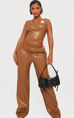 Outlet PrettyLittleThing Shape Faux Leather Straight Leg Pants Brown