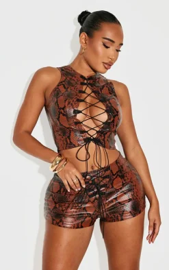 Online PrettyLittleThing Shape Faux Leather Snake Print Lace Up Top Brown
