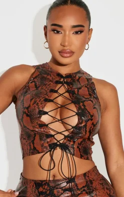 Online PrettyLittleThing Shape Faux Leather Snake Print Lace Up Top Brown