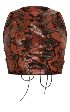 Online PrettyLittleThing Shape Faux Leather Snake Print Lace Up Top Brown