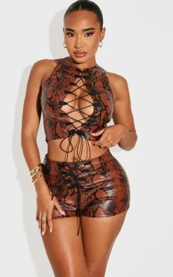 Hot PrettyLittleThing Shape Faux Leather Snake Print Lace Up Hot Pants Brown