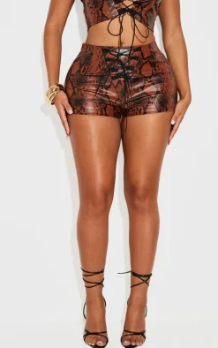 Hot PrettyLittleThing Shape Faux Leather Snake Print Lace Up Hot Pants Brown