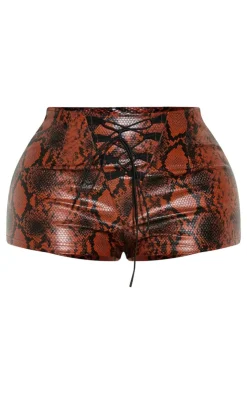 Hot PrettyLittleThing Shape Faux Leather Snake Print Lace Up Hot Pants Brown