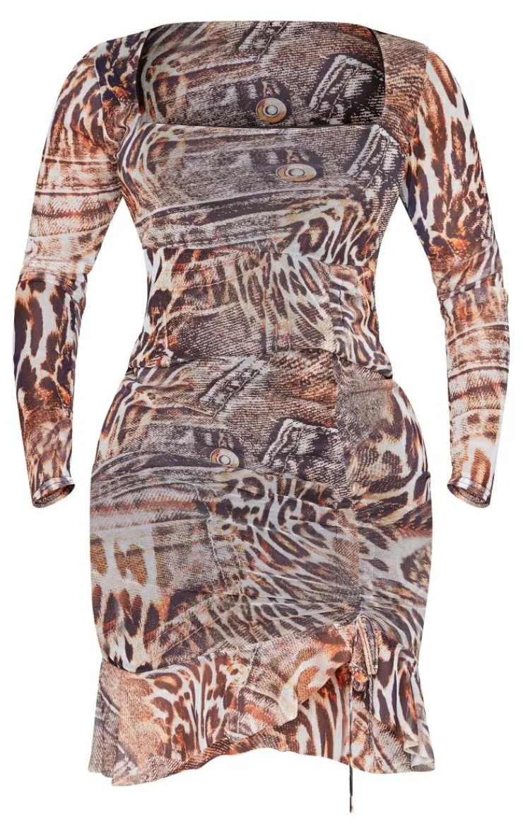 Shape Leopard Denim Print Mesh Long Sleeve Frill Hem Bodycon Dress-PrettyLittleThing Outlet