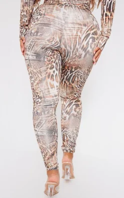 PrettyLittleThing Shape Leopard Denim Printed Slinky Leggings Brown