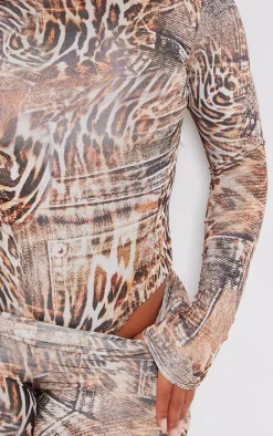 PrettyLittleThing Shape Leopard Denim Printed Slinky Leggings Brown