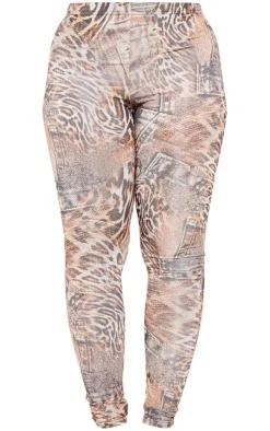 PrettyLittleThing Shape Leopard Denim Printed Slinky Leggings Brown