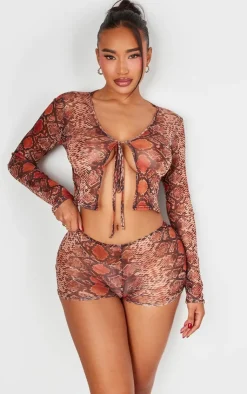 PrettyLittleThing Shape Mesh Snake Printed Tie Front Top Brown