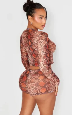 PrettyLittleThing Shape Mesh Snake Printed Tie Front Top Brown