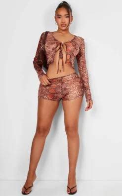 PrettyLittleThing Shape Mesh Snake Printed Tie Front Top Brown