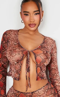 PrettyLittleThing Shape Mesh Snake Printed Tie Front Top Brown