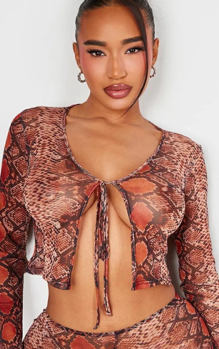PrettyLittleThing Shape Mesh Snake Printed Tie Front Top Brown