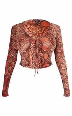 PrettyLittleThing Shape Mesh Snake Printed Tie Front Top Brown