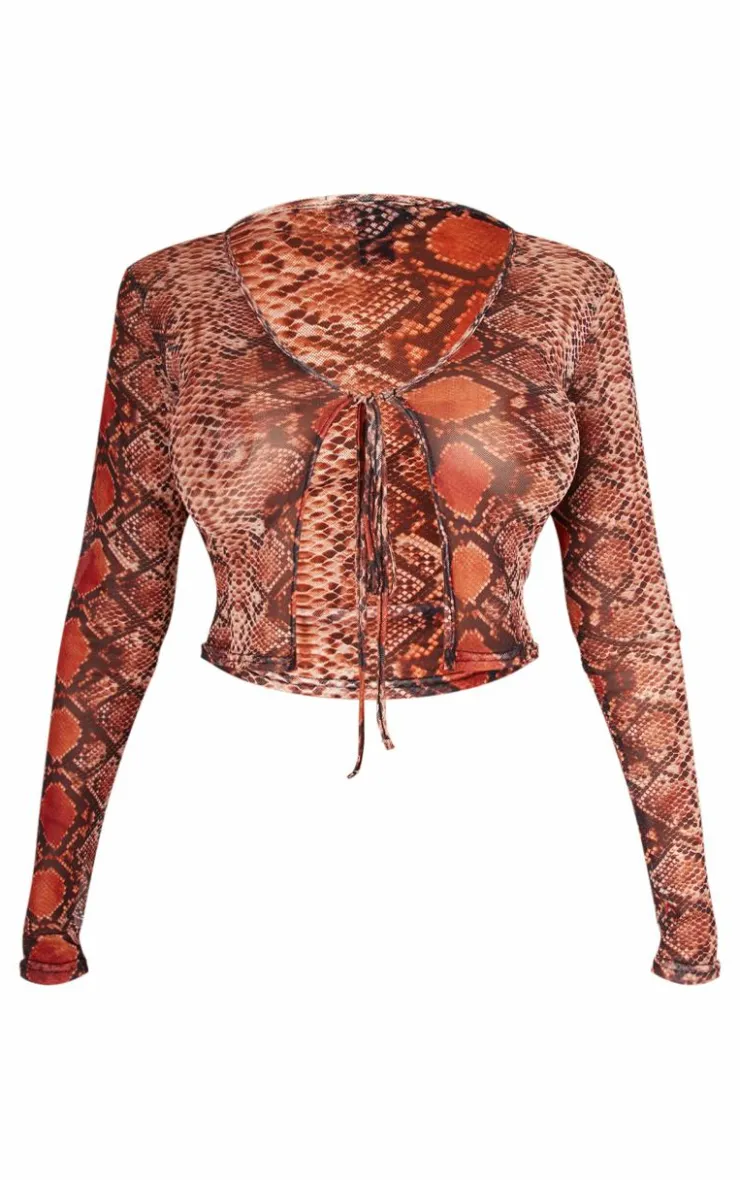 PrettyLittleThing Shape Mesh Snake Printed Tie Front Top Brown