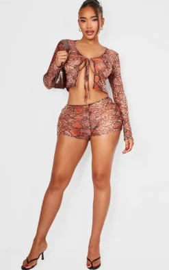 Online PrettyLittleThing Shape Mesh Snake Printed Hot Pants Brown
