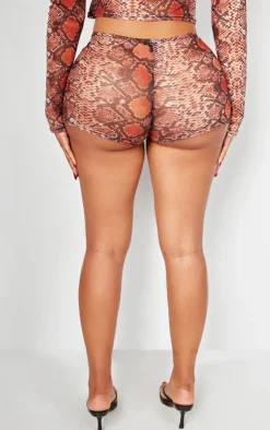 Online PrettyLittleThing Shape Mesh Snake Printed Hot Pants Brown