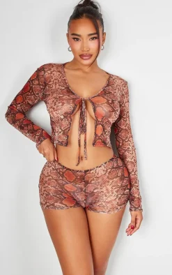 Online PrettyLittleThing Shape Mesh Snake Printed Hot Pants Brown