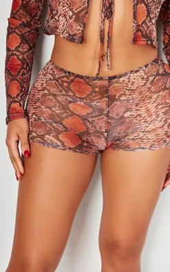 Online PrettyLittleThing Shape Mesh Snake Printed Hot Pants Brown