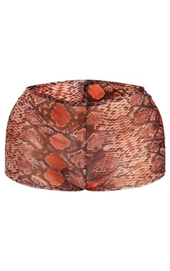 Online PrettyLittleThing Shape Mesh Snake Printed Hot Pants Brown