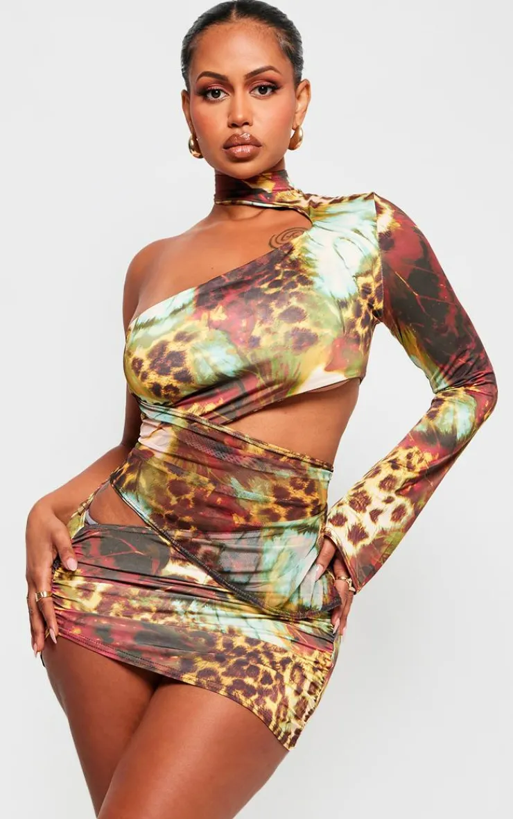 Shape Mixed Animal Printed Slinky One Sleeve Cut Out Bodycon Dress-PrettyLittleThing Sale