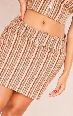 Discount PrettyLittleThing Shape Retro Stripe Buckle Low Rise Micro Mini Skirt Brown