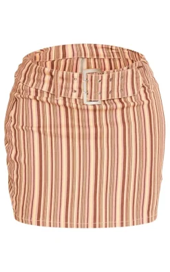 Discount PrettyLittleThing Shape Retro Stripe Buckle Low Rise Micro Mini Skirt Brown