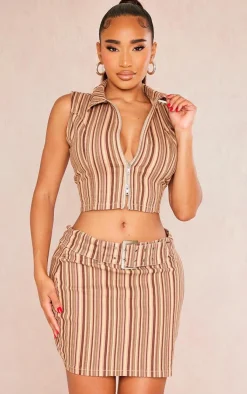 Clearance PrettyLittleThing Shape Retro Stripe Zip Detail Sleeveless Top Brown