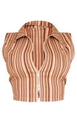 Clearance PrettyLittleThing Shape Retro Stripe Zip Detail Sleeveless Top Brown