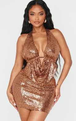 Outlet PrettyLittleThing Shape Sequin Cowl Halter Neck Top Brown