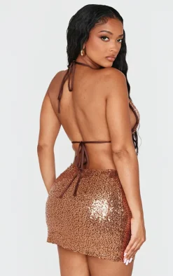 Outlet PrettyLittleThing Shape Sequin Cowl Halter Neck Top Brown