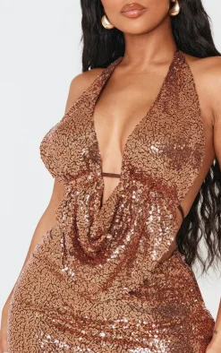 Outlet PrettyLittleThing Shape Sequin Cowl Halter Neck Top Brown