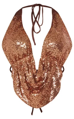 Outlet PrettyLittleThing Shape Sequin Cowl Halter Neck Top Brown