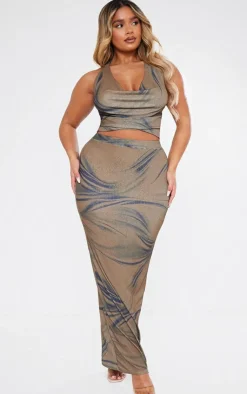 New PrettyLittleThing Shape Sheer Mesh Printed Maxi Skirt Brown