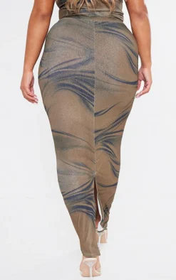 New PrettyLittleThing Shape Sheer Mesh Printed Maxi Skirt Brown