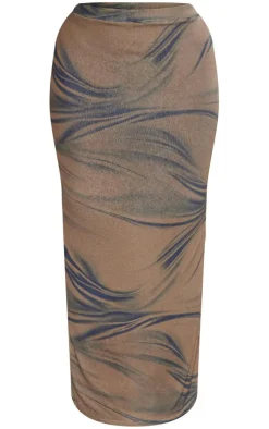 New PrettyLittleThing Shape Sheer Mesh Printed Maxi Skirt Brown