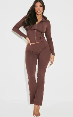PrettyLittleThing Shape Stretch Sculpted Foldover Waist Flare Pants Brown