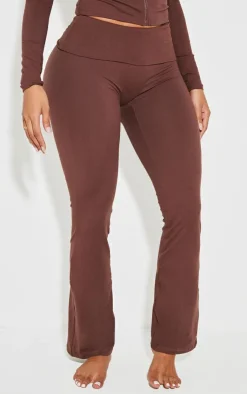 PrettyLittleThing Shape Stretch Sculpted Foldover Waist Flare Pants Brown