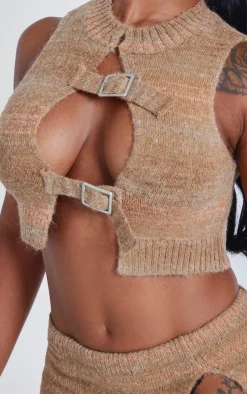 Hot PrettyLittleThing Shape Stripe Knit Double Buckle Crop Top Brown