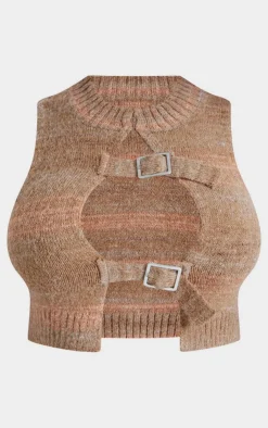 Hot PrettyLittleThing Shape Stripe Knit Double Buckle Crop Top Brown