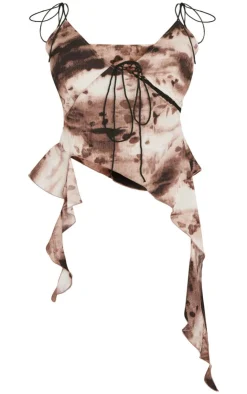 Outlet PrettyLittleThing Shape Tie Dye Strappy Frill Edge Top Brown