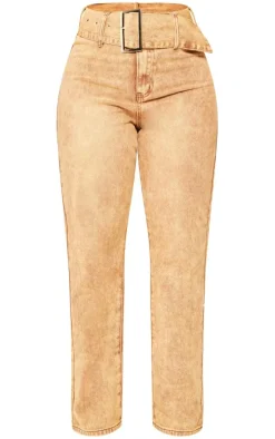 Shape Brown Washed Denim Belted Straight Leg Jeans