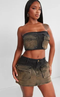 Clearance PrettyLittleThing Shape Washed Denim Pocket Detail Bandeau Crop Top Brown