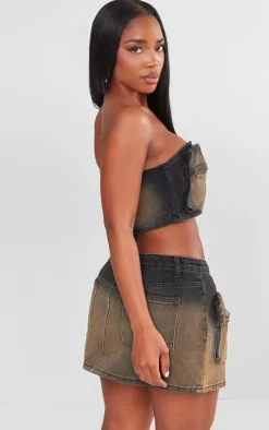 Clearance PrettyLittleThing Shape Washed Denim Pocket Detail Bandeau Crop Top Brown