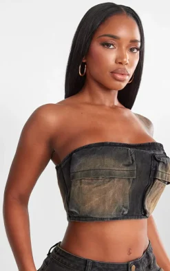 Clearance PrettyLittleThing Shape Washed Denim Pocket Detail Bandeau Crop Top Brown