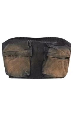 Clearance PrettyLittleThing Shape Washed Denim Pocket Detail Bandeau Crop Top Brown